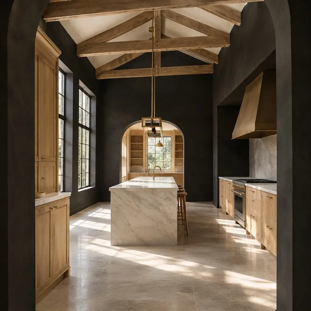 Soft black kitchen walls contrasted with light cabinetry