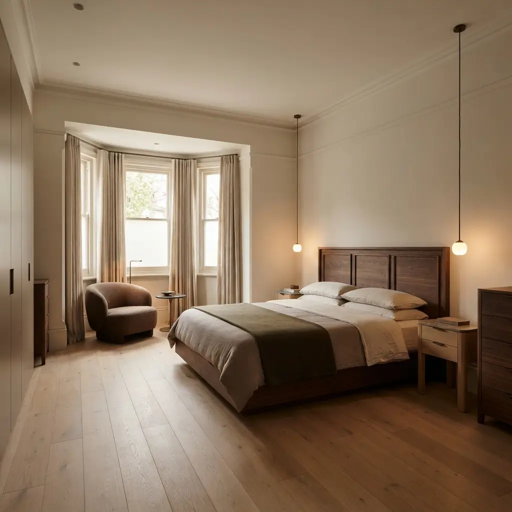 Spacious bedroom with a comfortable upholstered chair and small side table arranged beside the main sleeping area