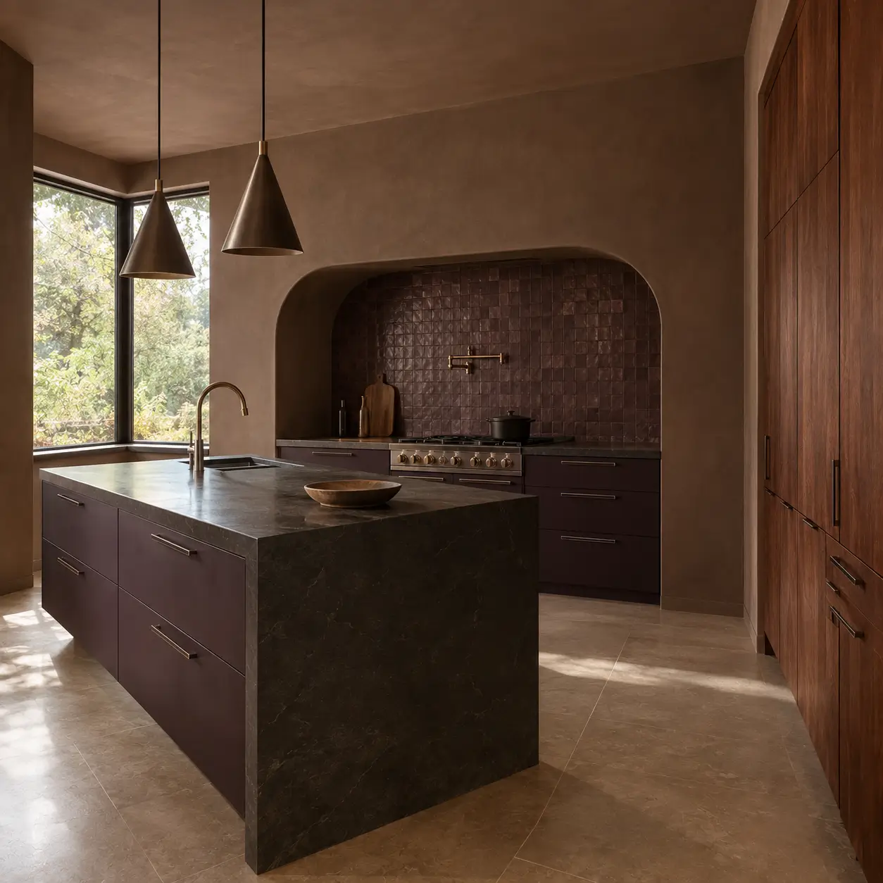 Warm taupe kitchen walls with walnut cabinetry