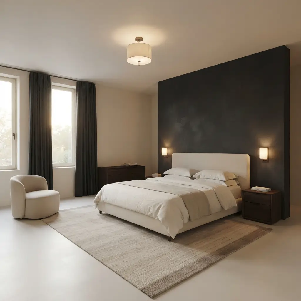 High-contrast bedroom with a dark accent wall