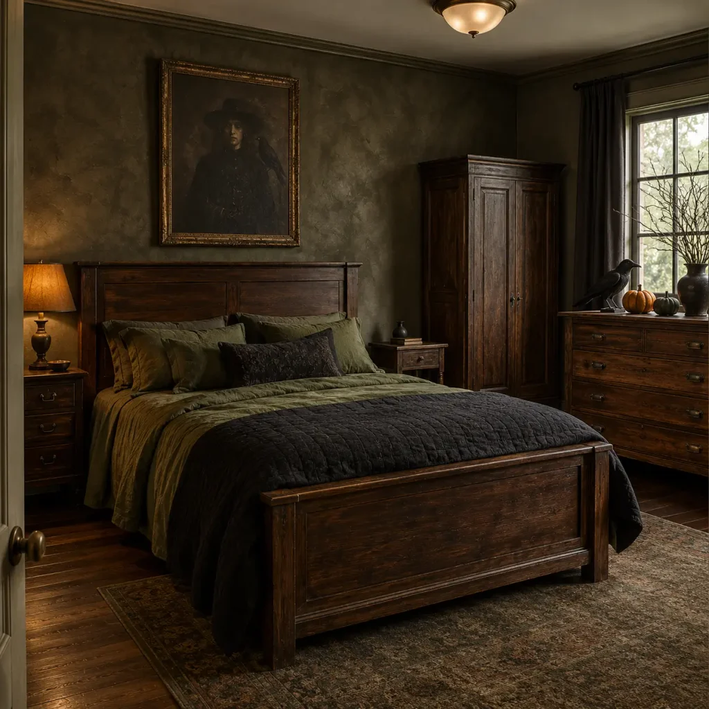 Bedroom with antique wood furniture, carved details, dark textiles, and elegant Halloween atmosphere