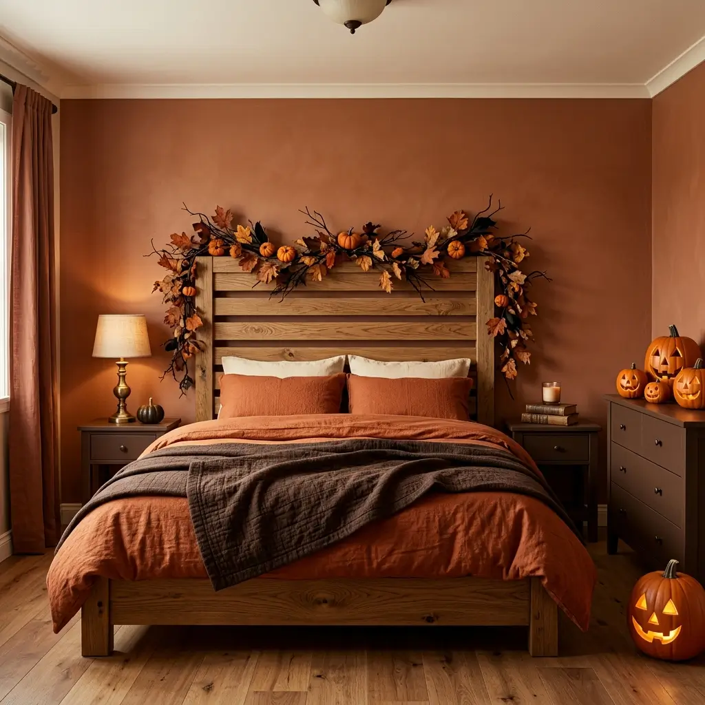Autumn-inspired bedroom with rust bedding, chocolate brown accents, and refined Halloween seasonal décor