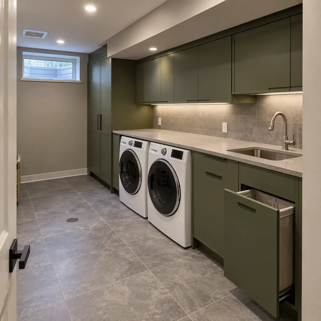 Organized basement laundry room with a washer and dryer, fitted cabinetry, folding counter, and a well-planned layout that makes efficient use of the space.