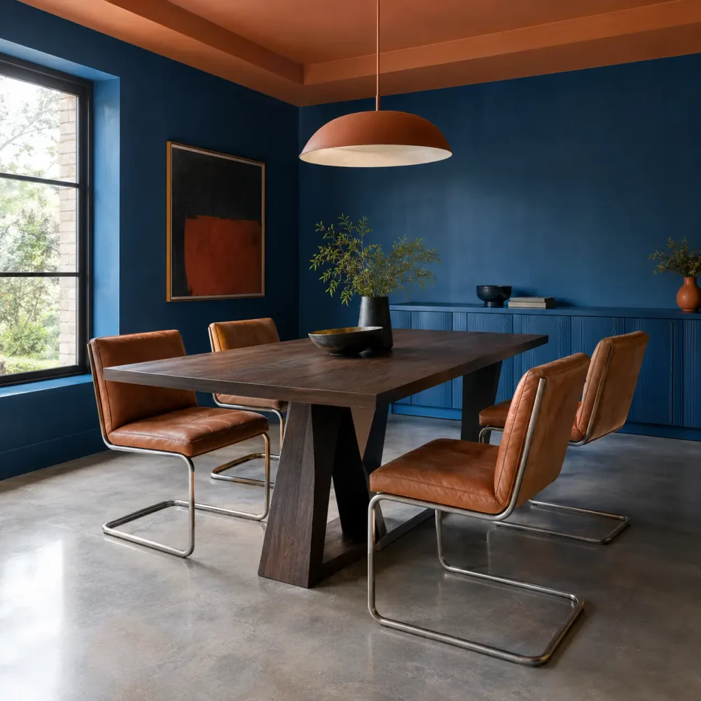 Bold modern dining room with cobalt-blue walls, a smoked-oak table, and cognac leather cantilever chairs