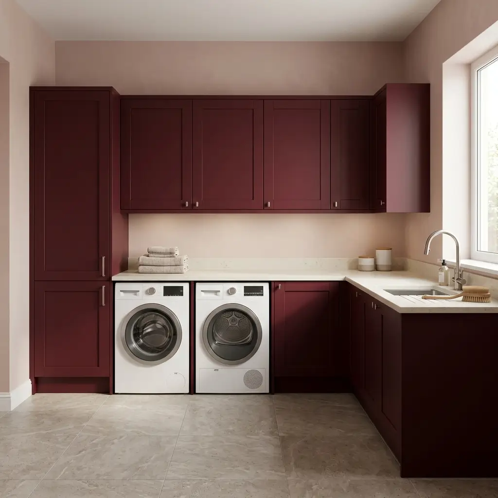 Colorful laundry room with deep-toned cabinetry, modern laundry appliances, and a coordinated worktop
