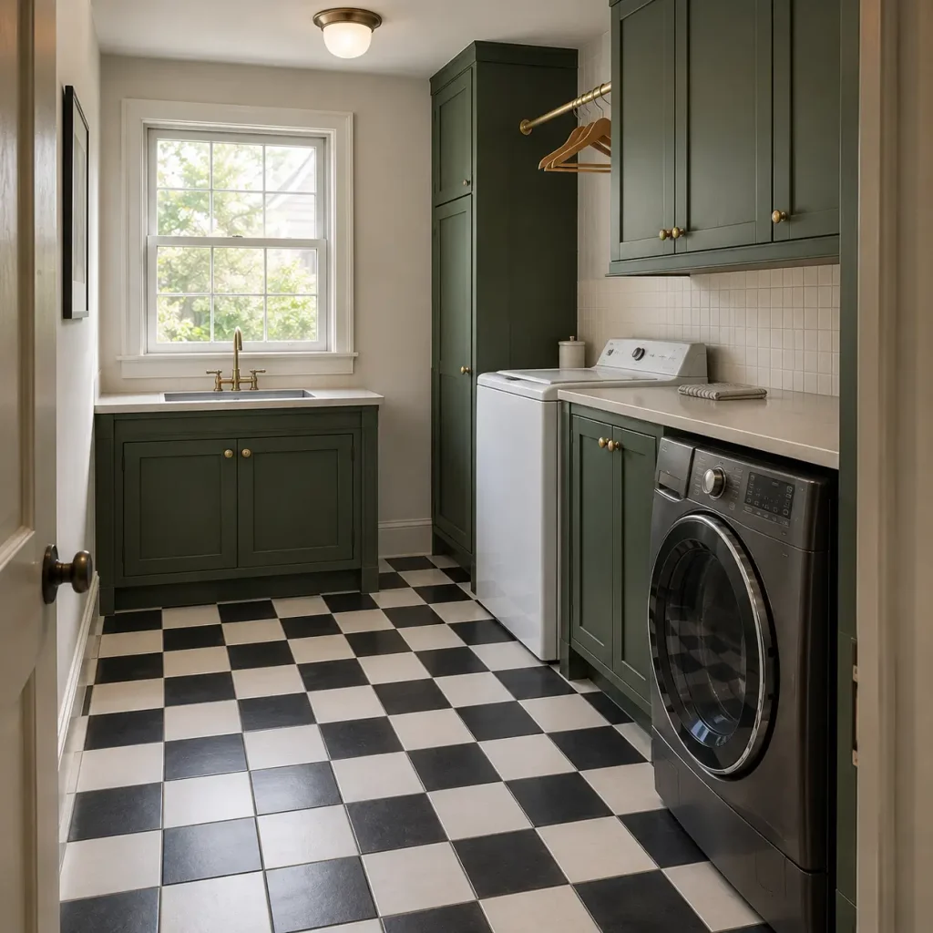 Patterned ceramic floor tile installed in a bright residential laundry room