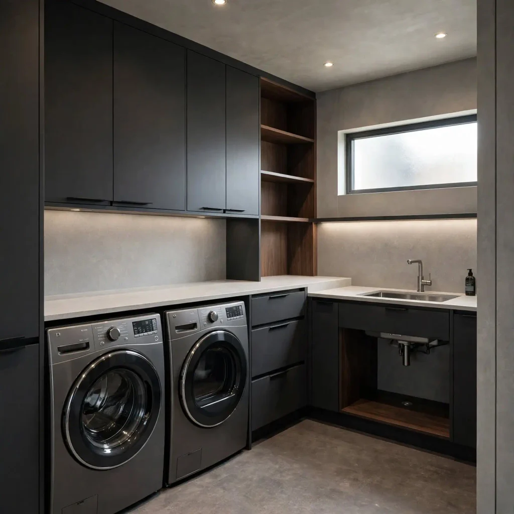 Contemporary laundry room with dark cabinetry, modern appliances, contrasting work surfaces, and carefully planned task lighting