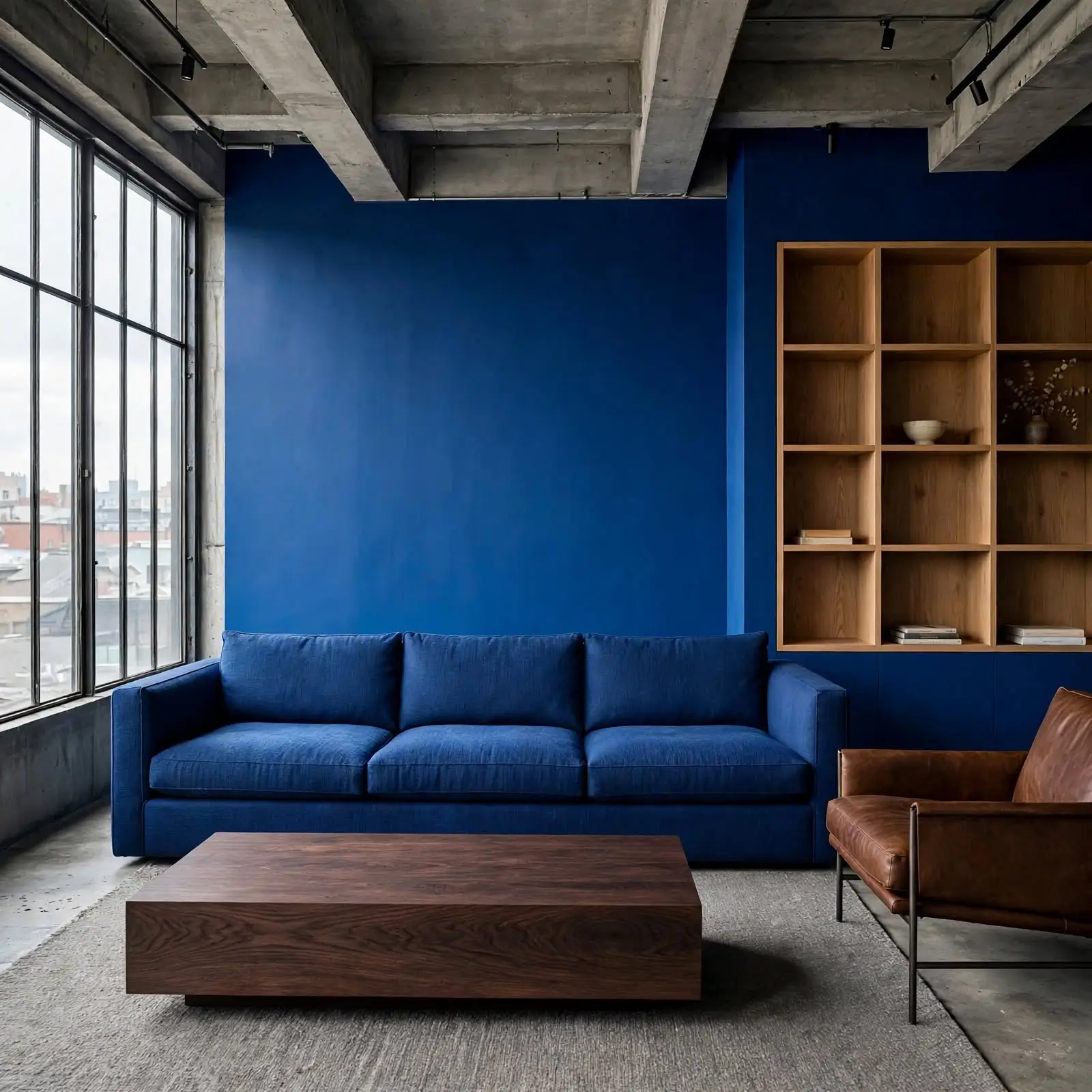 Industrial living room with cobalt walls