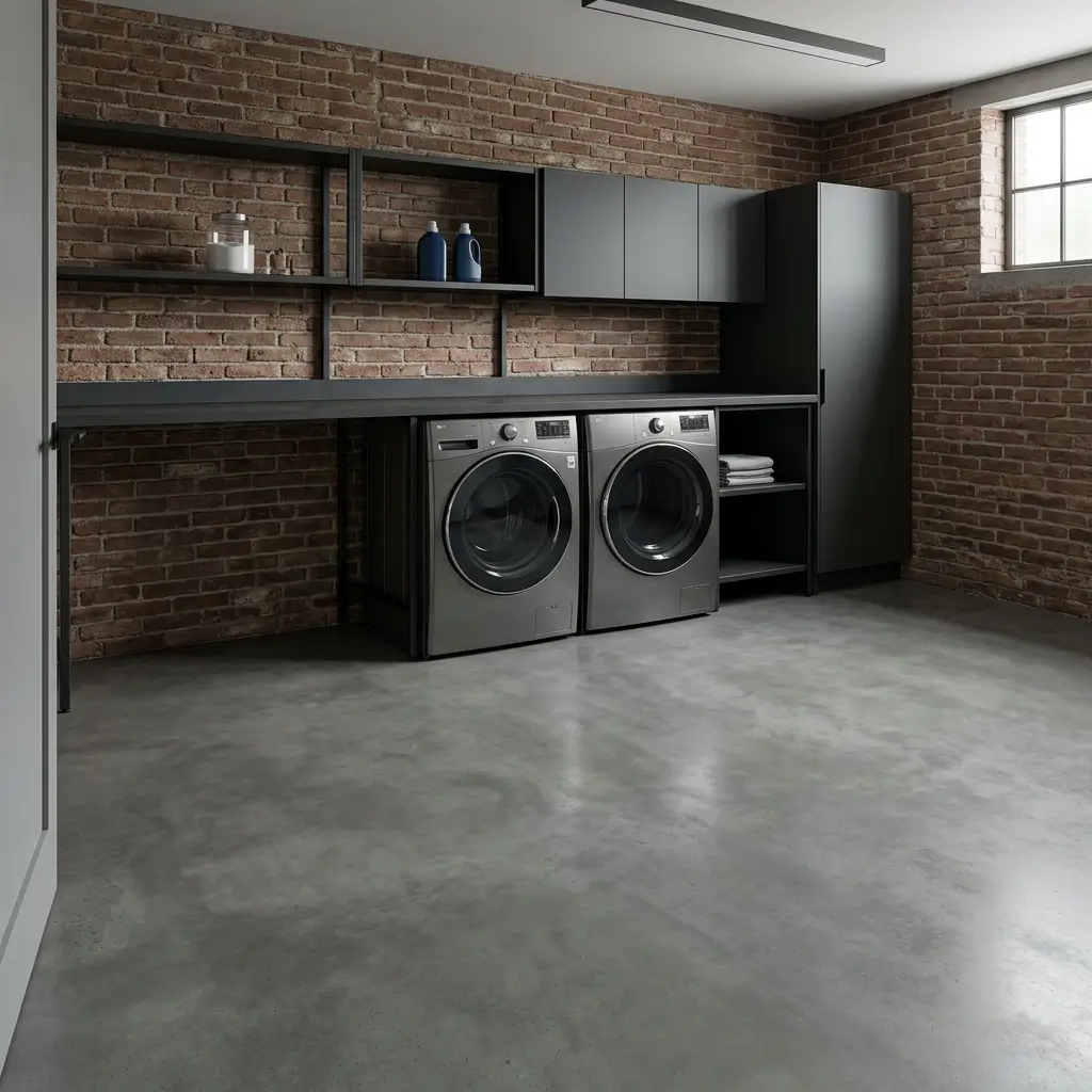 Sealed concrete laundry room floor with a clean industrial-inspired finish