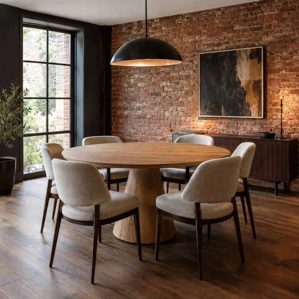 Modern dining room with a round oak pedestal table arranged for comfortable circulation and balanced seating