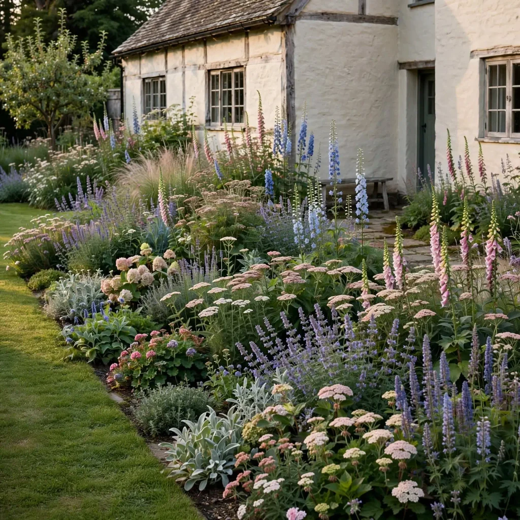 Cottage-style farmhouse backyard with dense layered planting, flowering borders, stone paths, lawn, and traditional garden structure