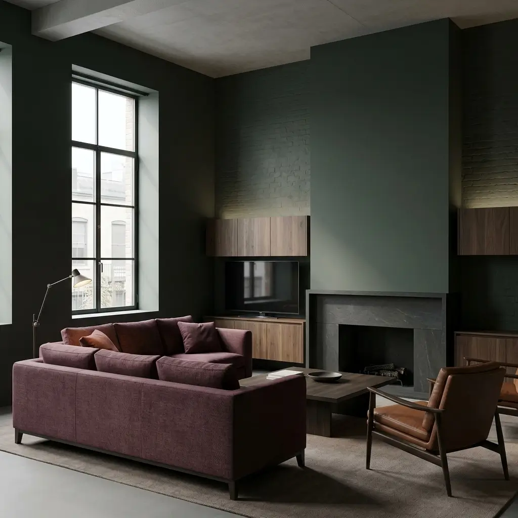 Dark industrial living room with deep-green walls, smoked timber, and plum seating.