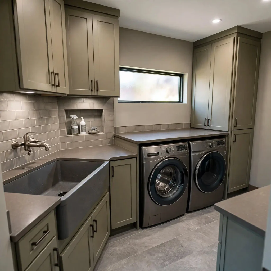 Functional laundry room with a deep utility sink, washer and dryer, durable work surfaces, and organized cleaning storage