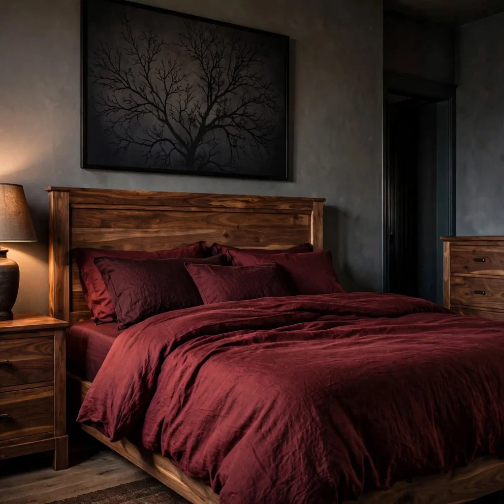 Deep burgundy bedding and walnut furniture define a romantic Halloween bedroom with dark botanical artwork