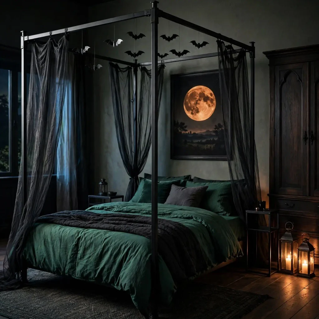 Canopy bed with flowing dark drapery, moody artwork, and romantic Halloween bedroom styling