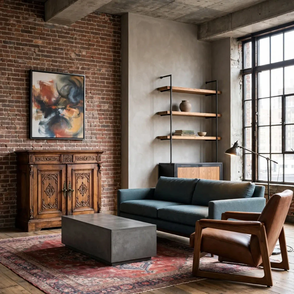 Eclectic industrial living room mixing traditional timber furniture and contemporary seating