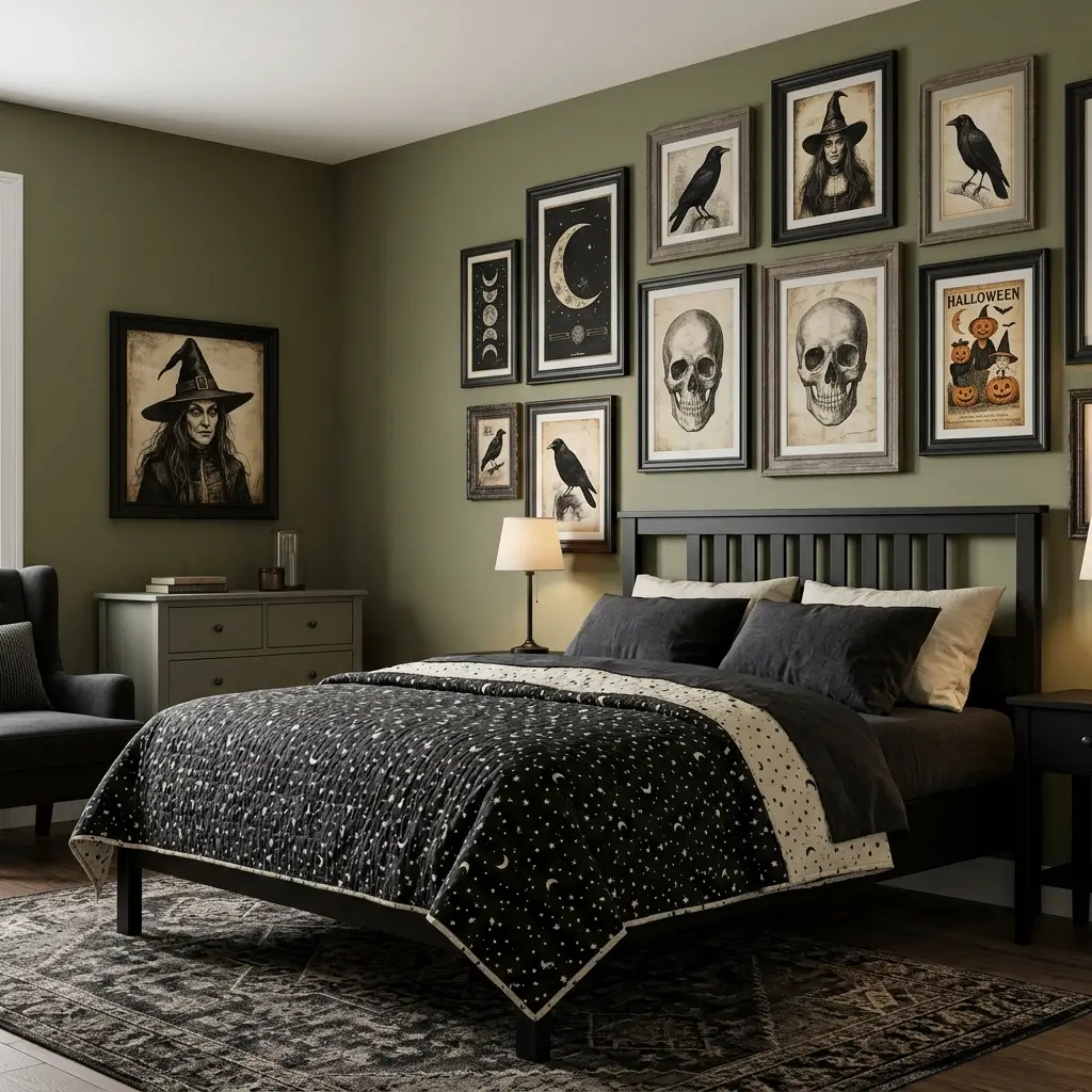 Elegant bedroom with a gallery wall