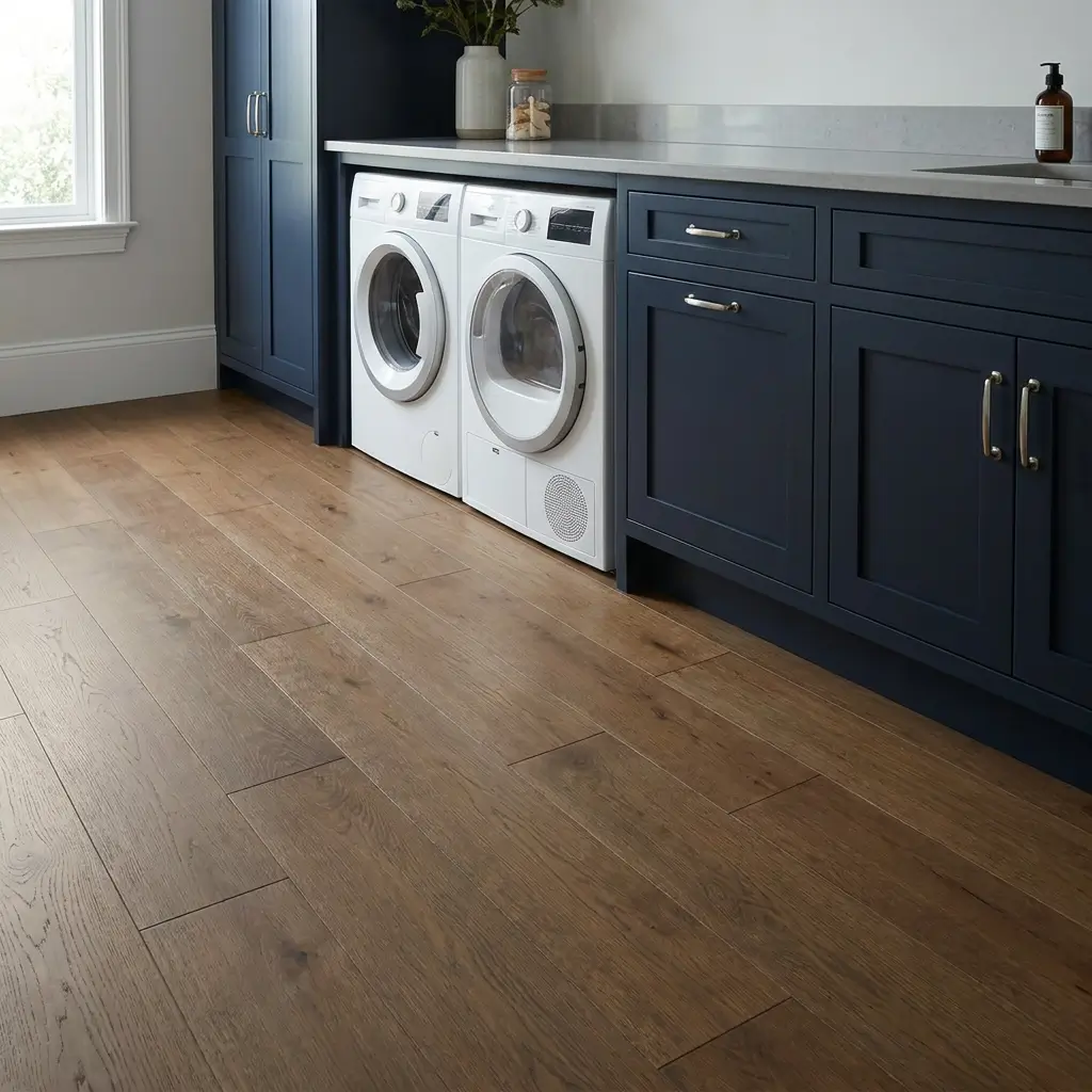 Engineered wood flooring in a laundry room featuring warm oak-toned planks
