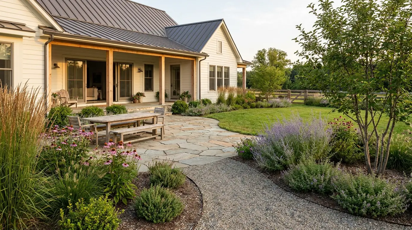 Farmhouse backyard landscape with natural stone, informal planting, open lawn, and a welcoming outdoor living area