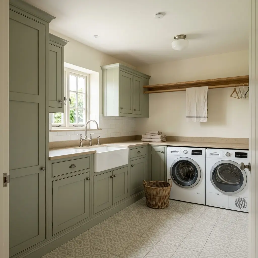Farmhouse laundry room featuring traditional-style cabinetry, a practical folding counter, warm wood accents, and classic finishes.