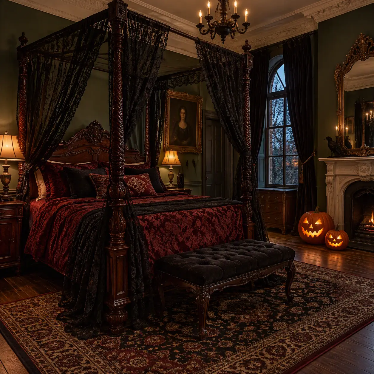 Gothic romantic bedroom with classic molding, dark artwork, and Halloween-inspired atmosphere