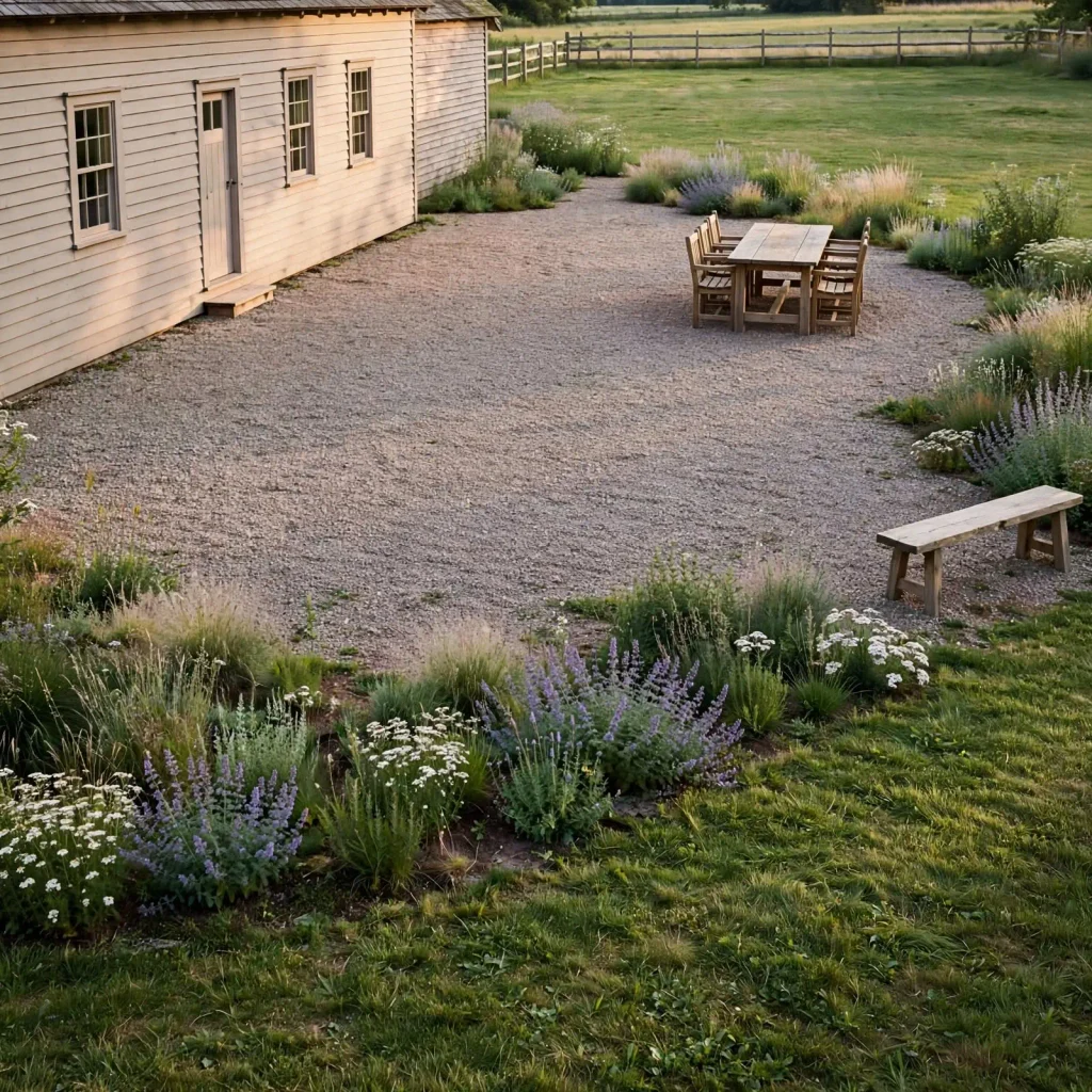 Farmhouse backyard with a broad gravel courtyard, informal planting borders, open lawn, and simple timber fencing