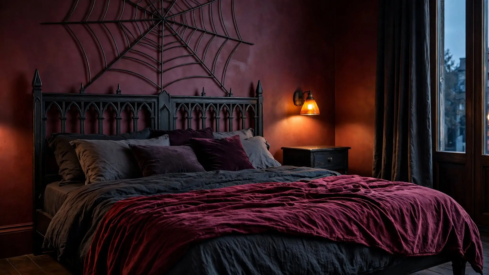 Romantic Halloween bedroom with layered lighting, and elegant seasonal atmosphere