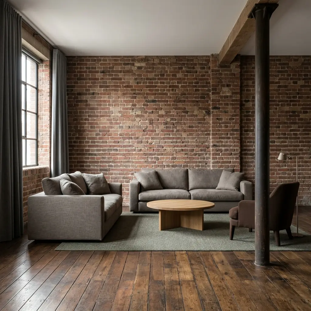 Heritage industrial living room with original brickwork, aged timber, and iron details