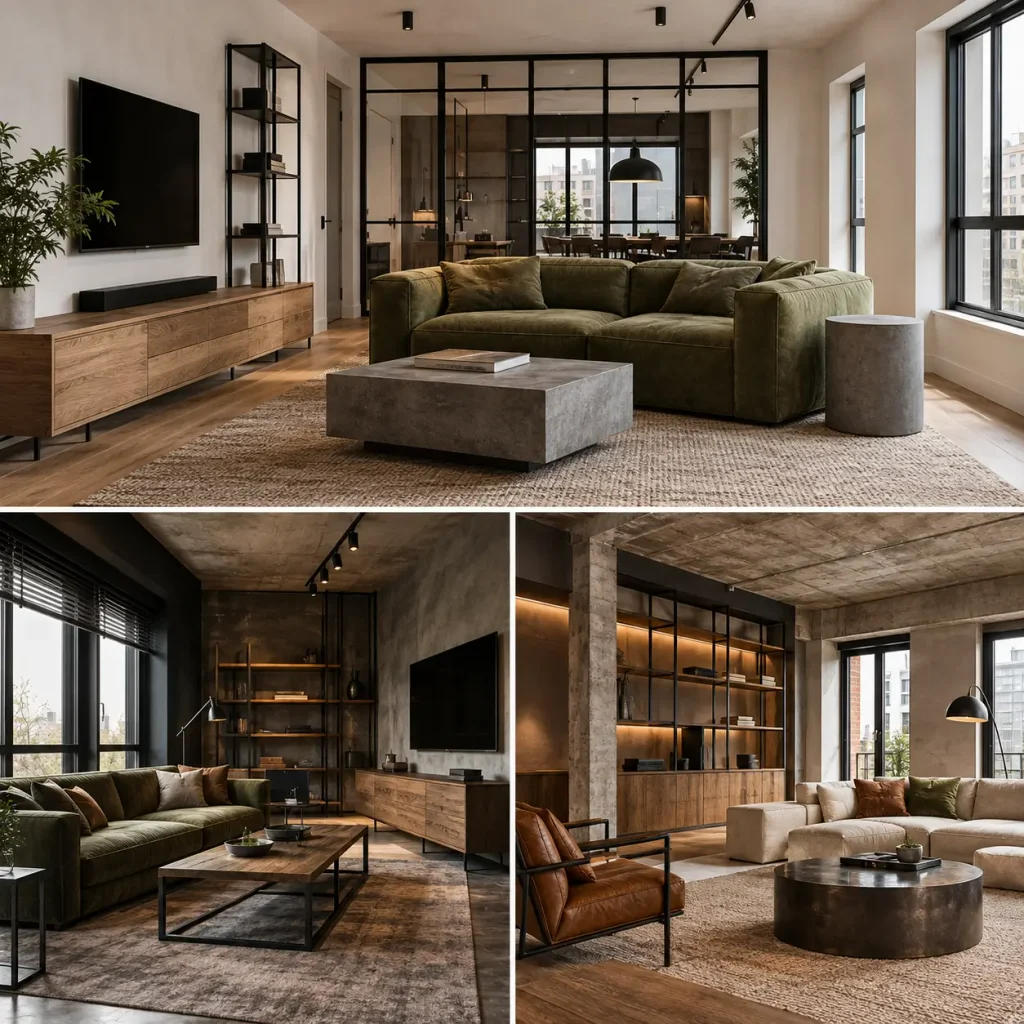 Apartment living room with industrial steel details, painted walls and olive seating
