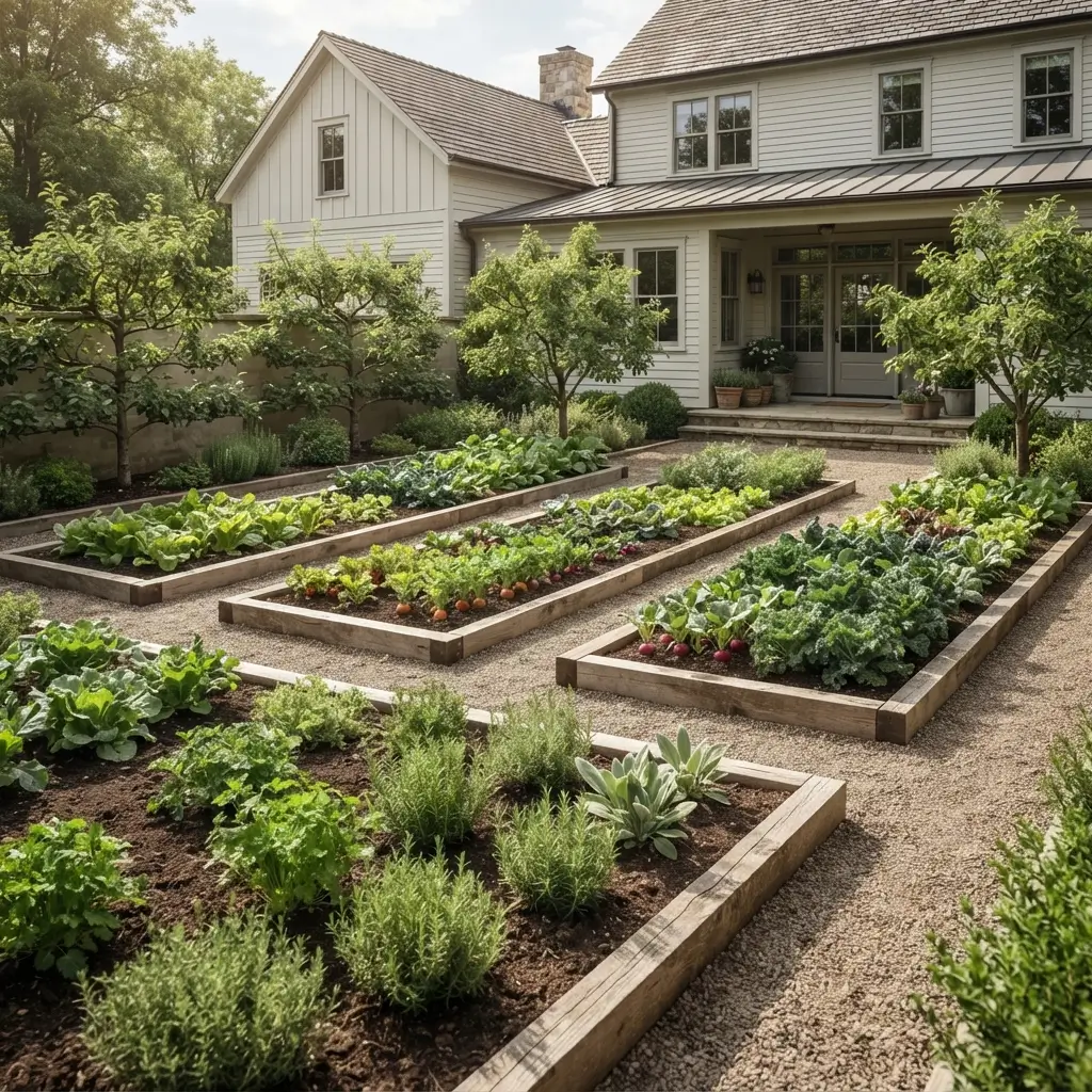 Traditional farmhouse backyard with organized vegetable beds, simple garden paths, timber edging, and fruit trees