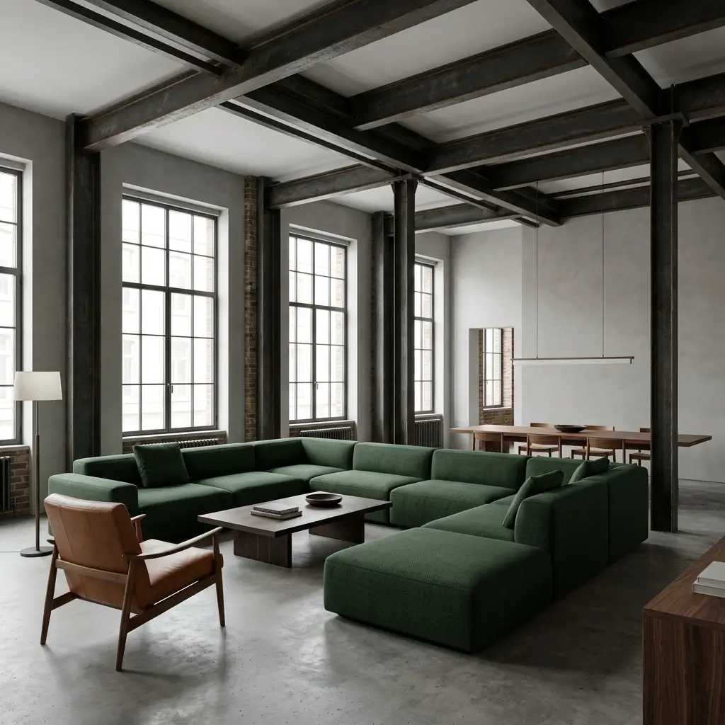 Loft living room with exposed structural beams, tall windows, and modular seating