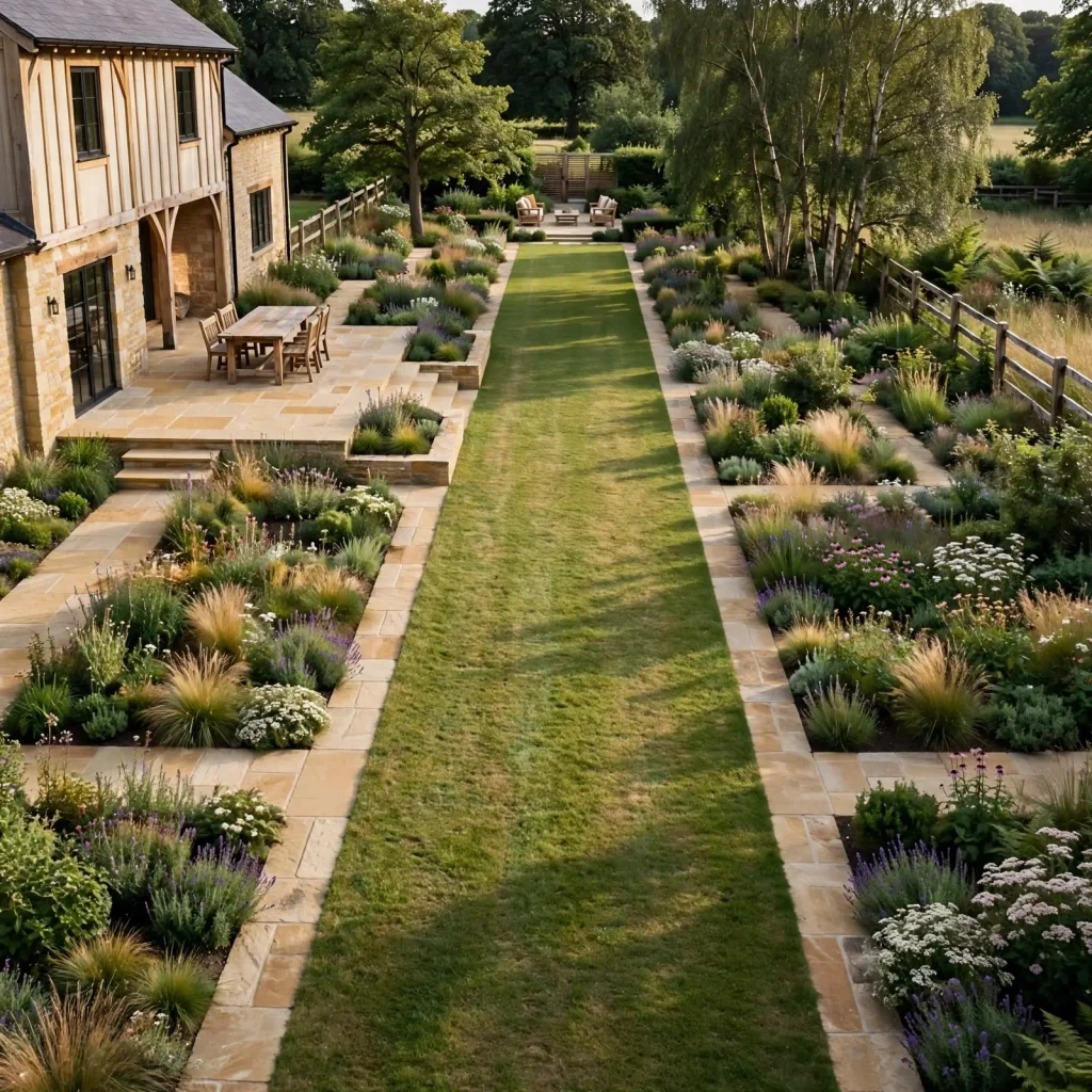 Long farmhouse backyard organized into distinct garden rooms with a central lawn, planted borders, paths, and outdoor dining area