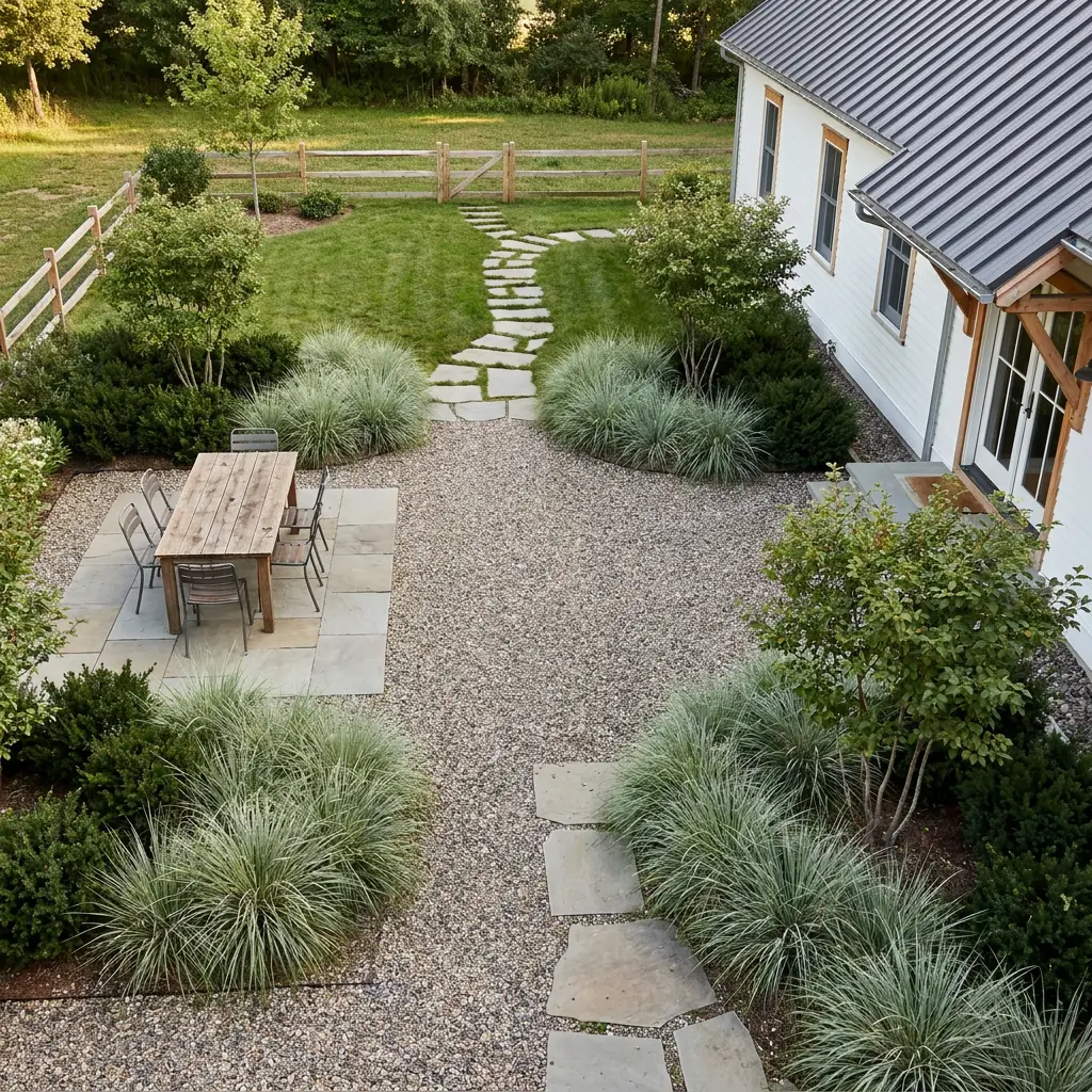 Low-maintenance farmhouse backyard with gravel surfaces, natural stone, structural planting, simple boundaries, and reduced lawn