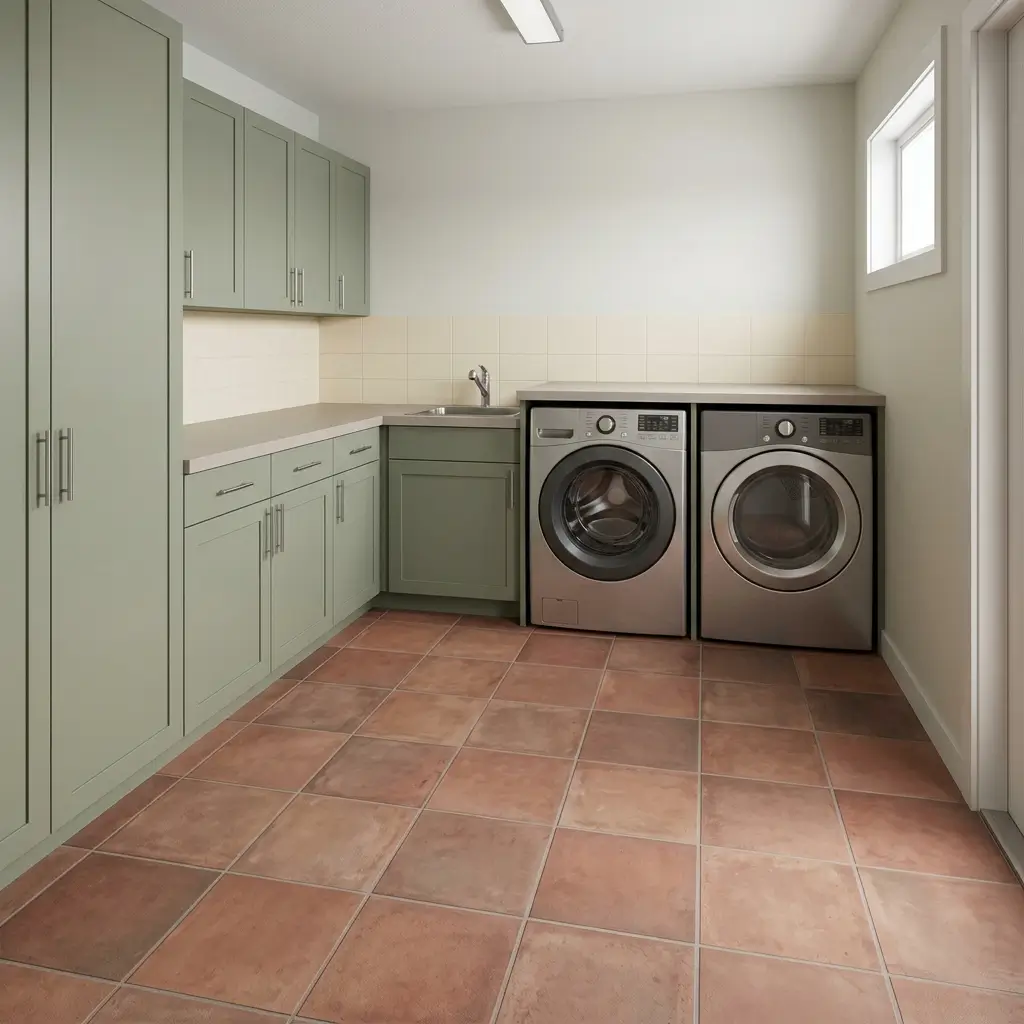 Stone-look luxury vinyl tile flooring in a contemporary laundry space