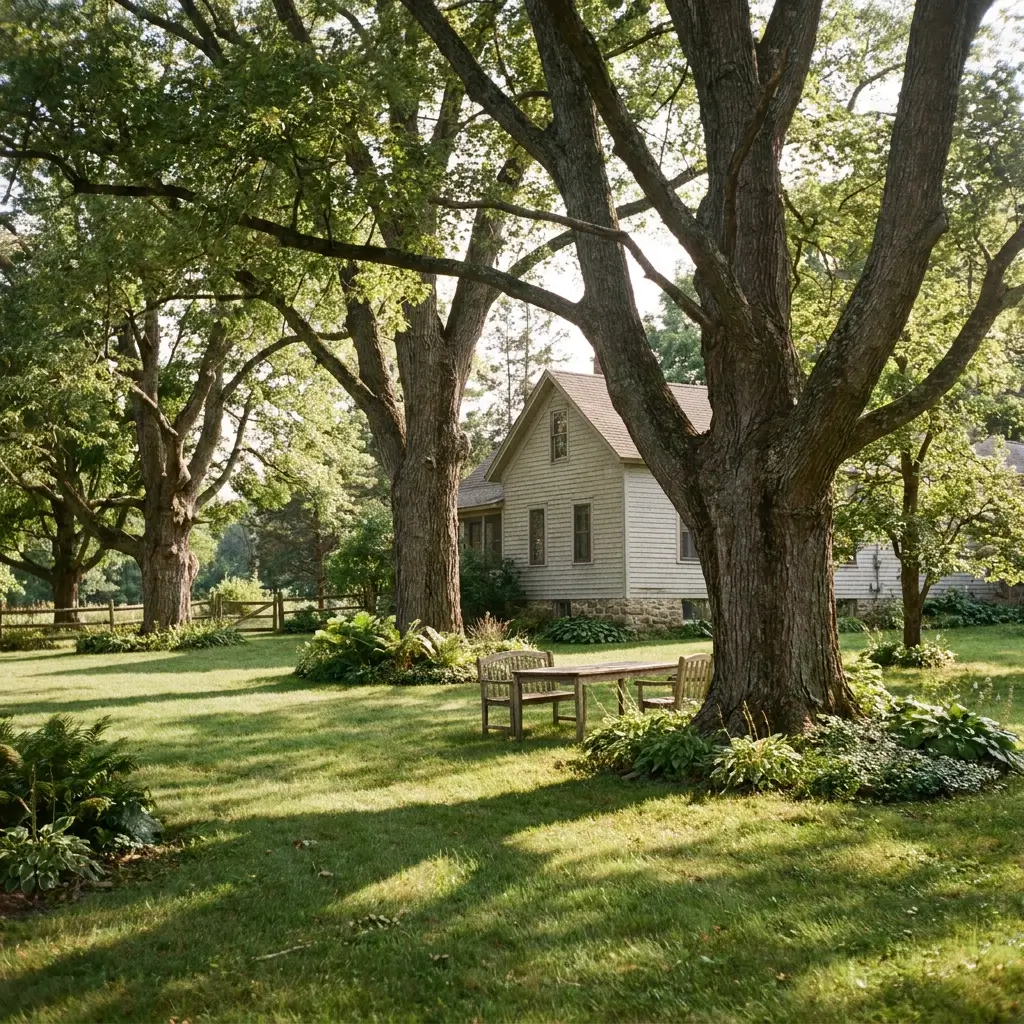 Farmhouse backyard beneath mature shade trees with a broad lawn, layered underplanting, and a simple outdoor seating area
