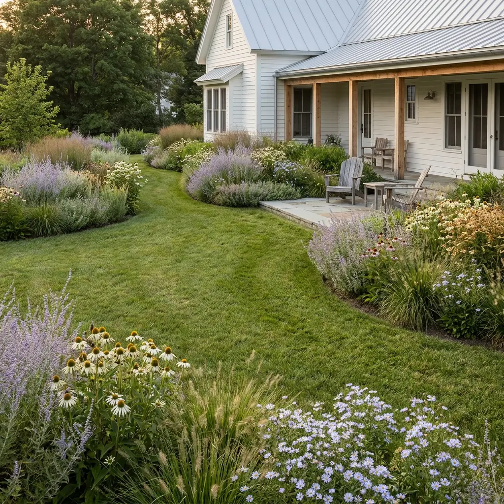 Meadow-inspired farmhouse backyard with open lawn, loose perennial planting, mature trees, and naturalistic garden borders