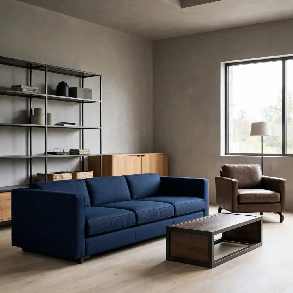 Minimalist industrial living room with blue seating, ash flooring, and steel shelving