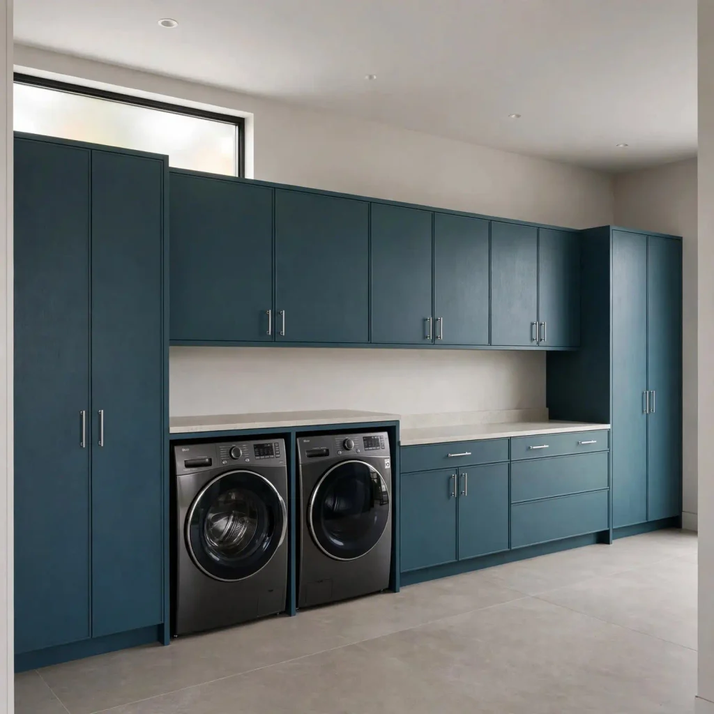Modern laundry room with full-height built-in cabinetry, front-loading washer and dryer