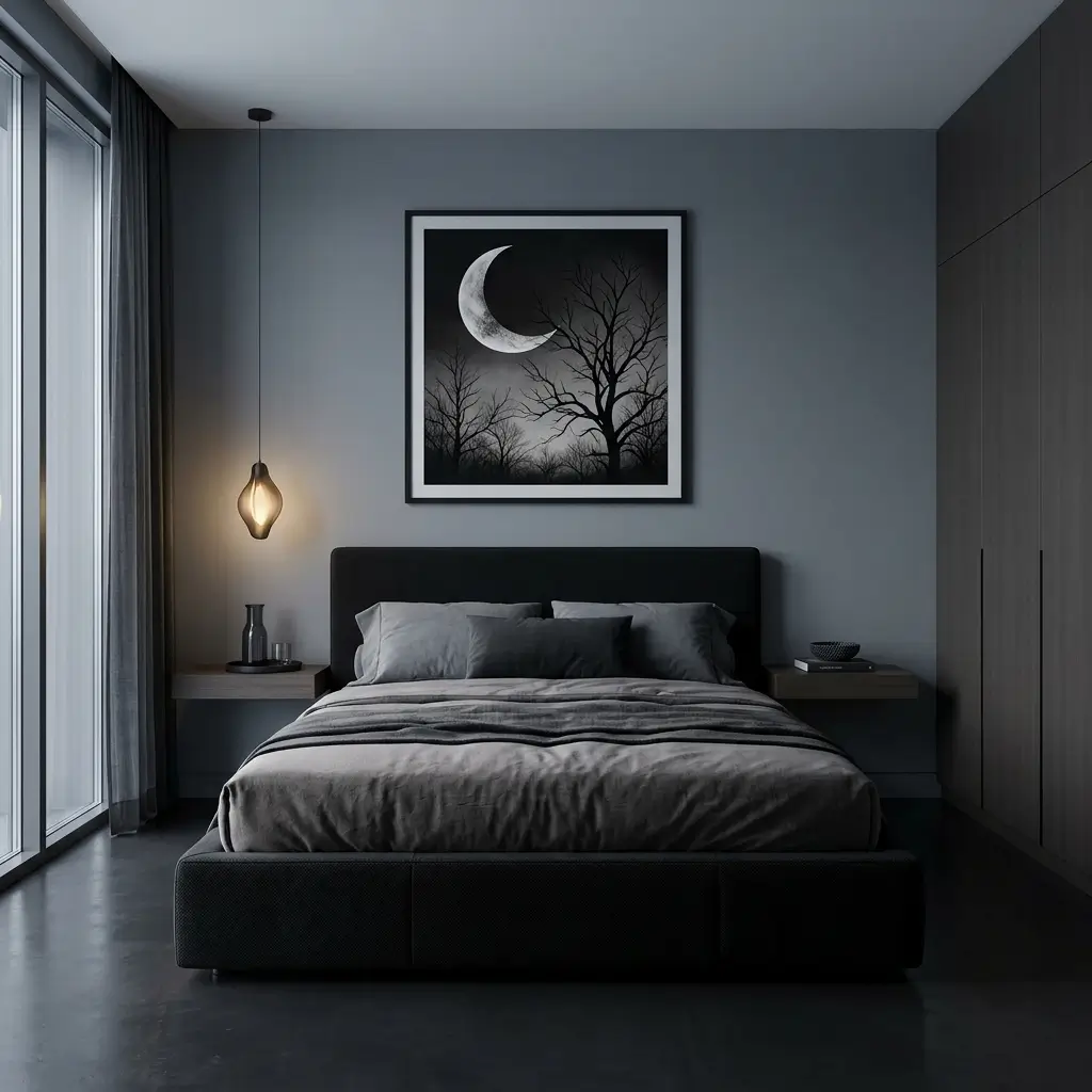 Modern romantic bedroom with minimalist furniture, dark artwork, and subtle Halloween accents