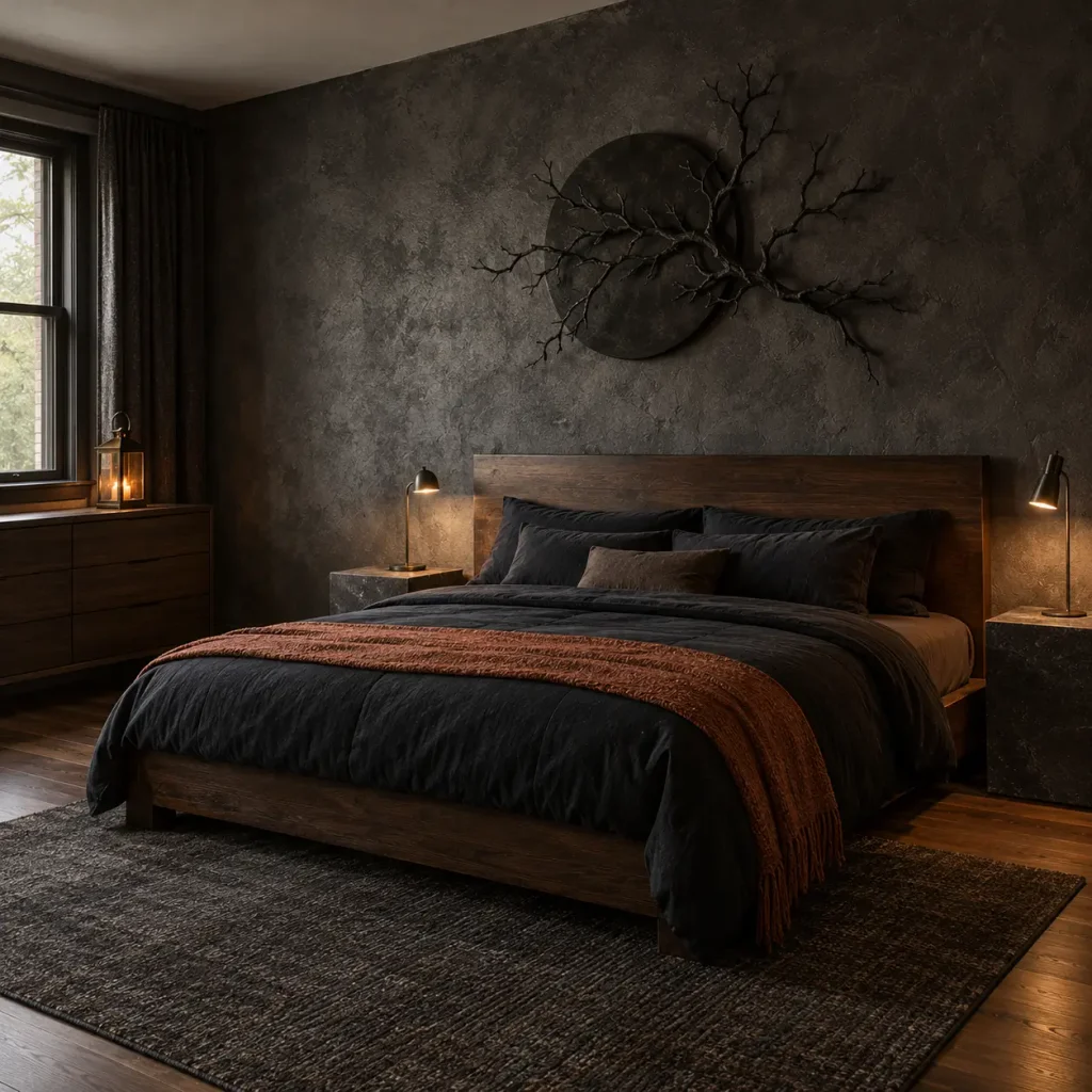 Moody bedroom with textured plaster walls, understated furnishings, and atmospheric seasonal design