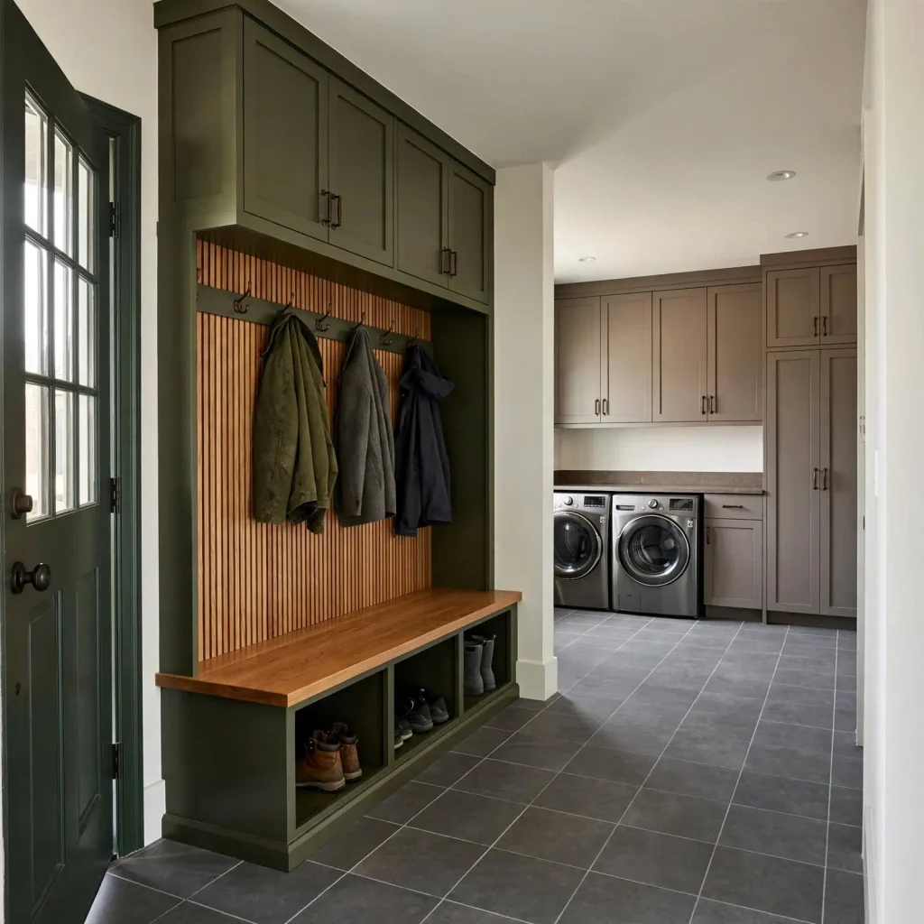 Combined laundry room and mudroom with a washer and dryer, built-in storage, a practical bench, and designated space for shoes and outerwear.