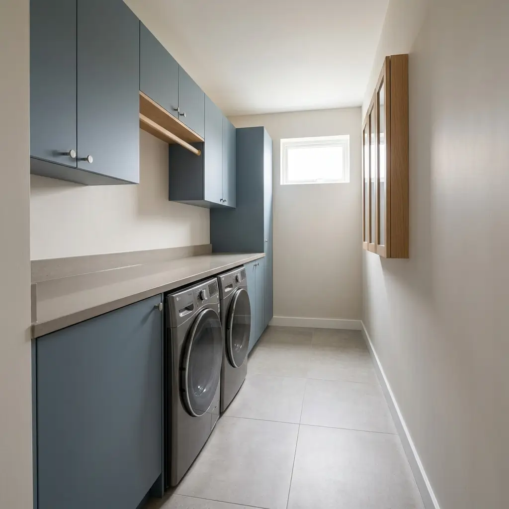 Narrow galley laundry room with appliances along one wall, continuous work surfaces, and organized cabinetry