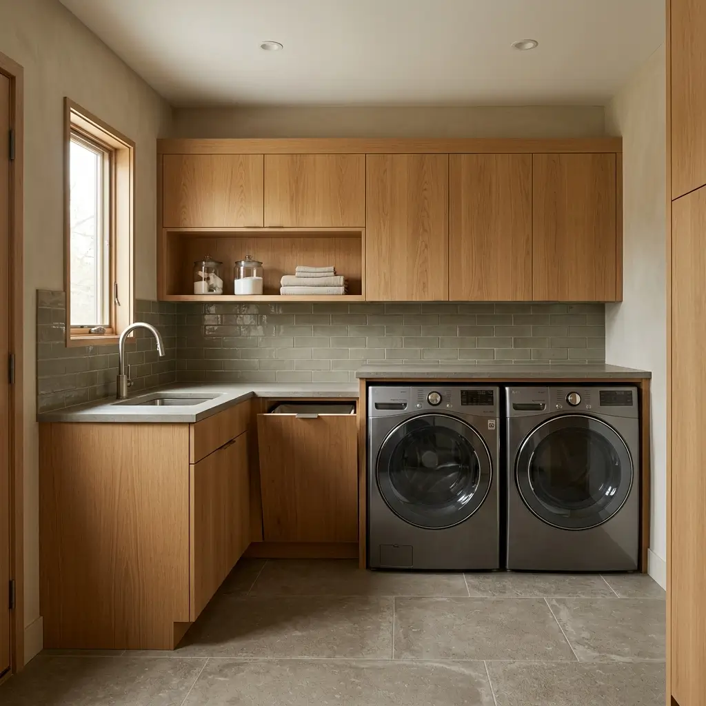 Laundry room combining natural wood cabinetry, textured surfaces, durable flooring, and modern appliances for a warm, balanced design.