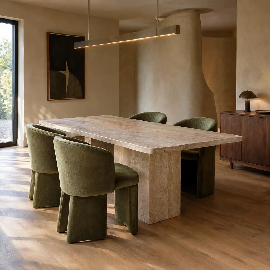 Organic modern dining room with a rectangular travertine table and curved moss-green upholstered chairs