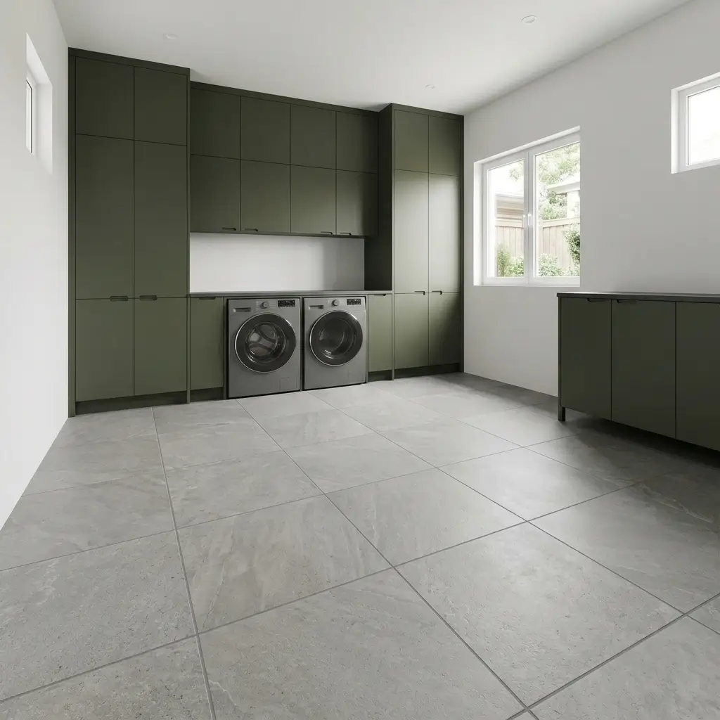 Porcelain tile flooring in a modern laundry room with textured gray tiles