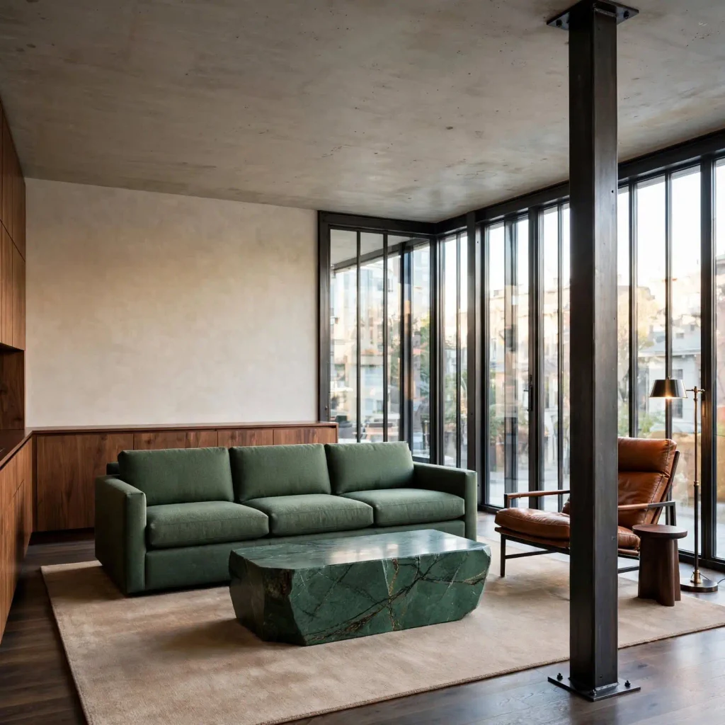 Refined industrial living room with steel framing, green stone, and walnut furniture