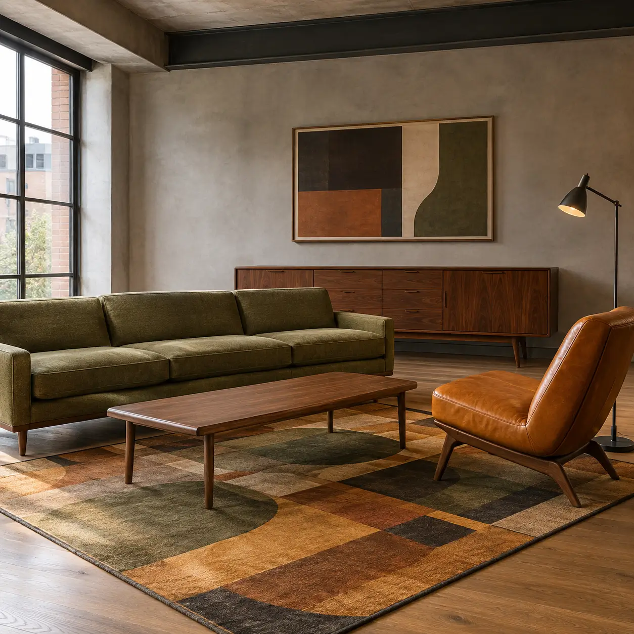 Retro industrial living room with olive upholstery