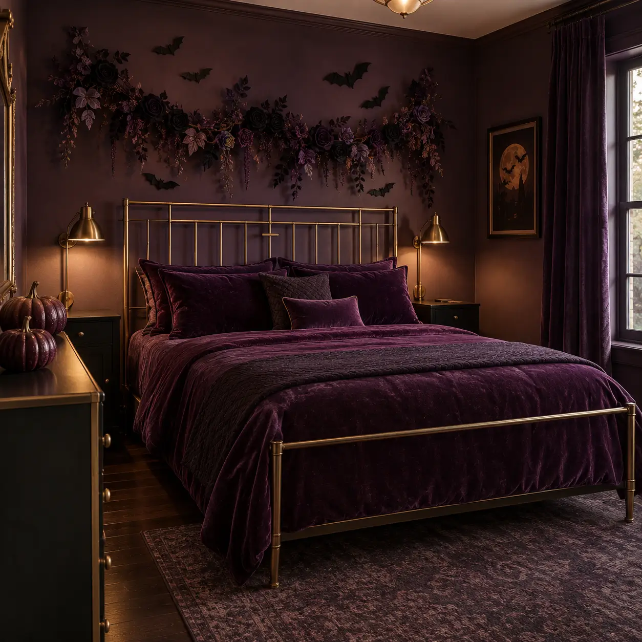 Plum bedroom with antique brass details, floral artwork, and elegant Halloween-inspired styling