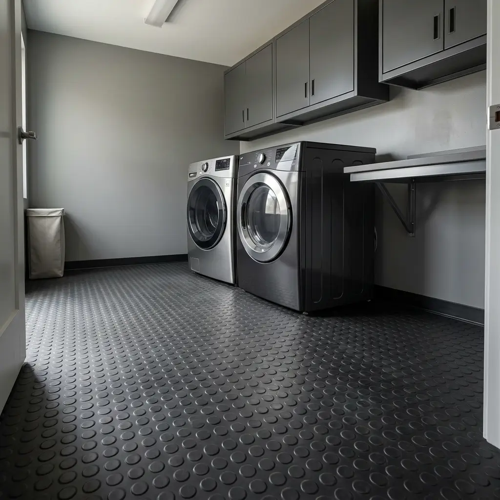 Textured rubber flooring in a laundry room designed for comfort and traction