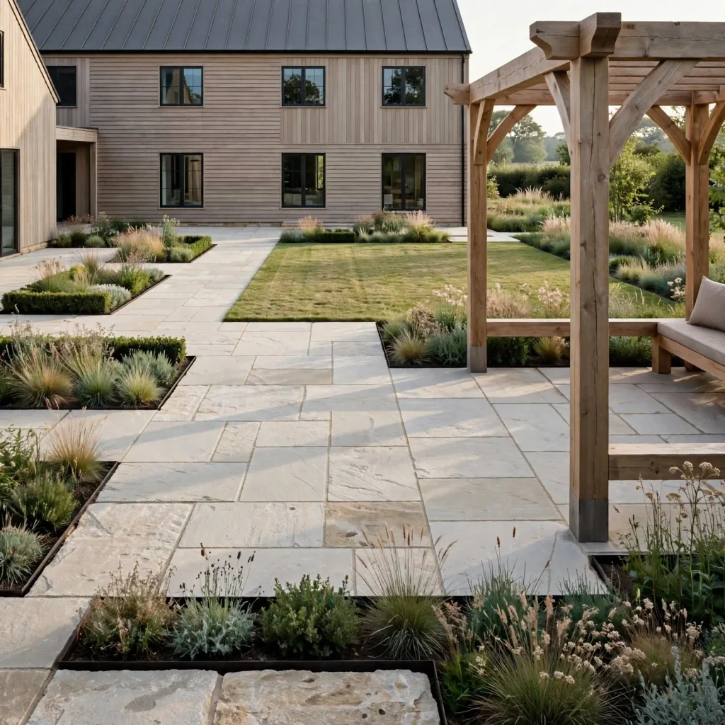 Rustic-modern farmhouse backyard with clean-edged planting beds, natural stone paving, timber structures, and restrained greenery